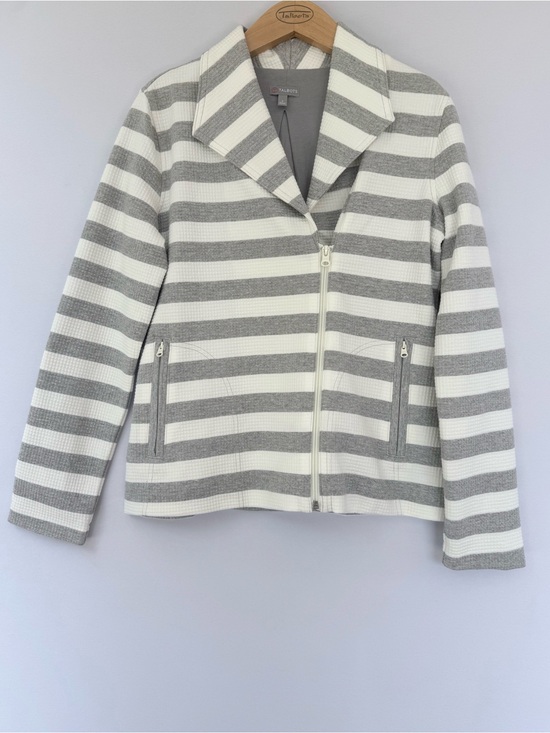 Talbots Jackets & Blazers - Talbots Grey & White Striped Knit Moto Jacket Asymmetrical Zip Small NWOT